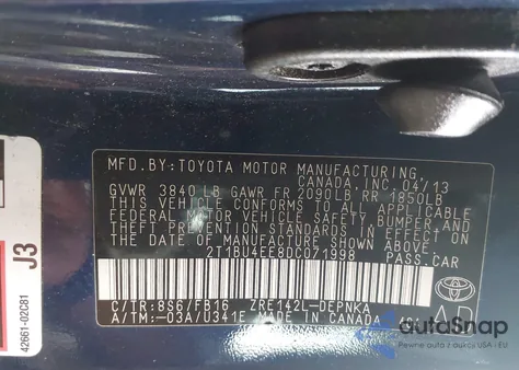 2013 Toyota Corolla Le z USA, uszkodzony, nr VIN 2T1BU4EE8DC071998